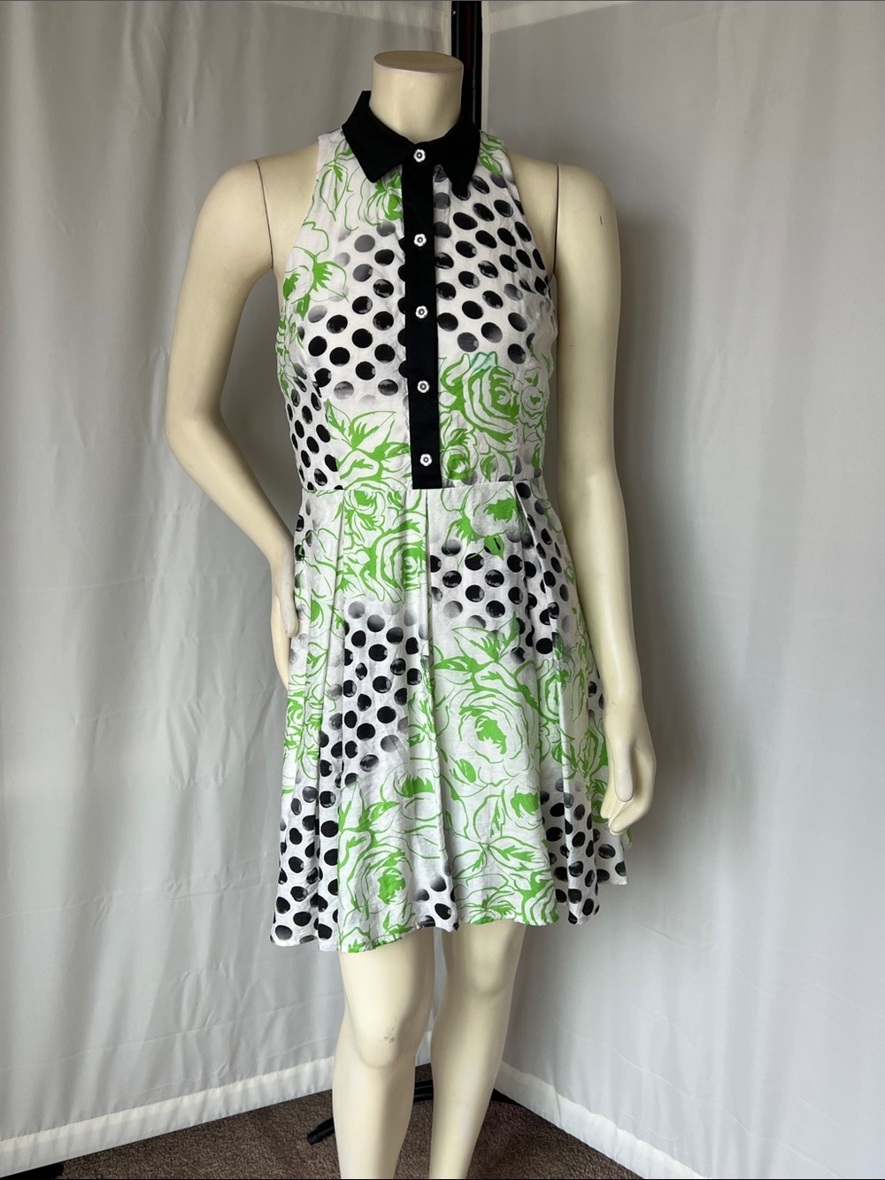 NWT Coconinno Sleeveless Dress with Black Polka Dots and Lime Floral Print
